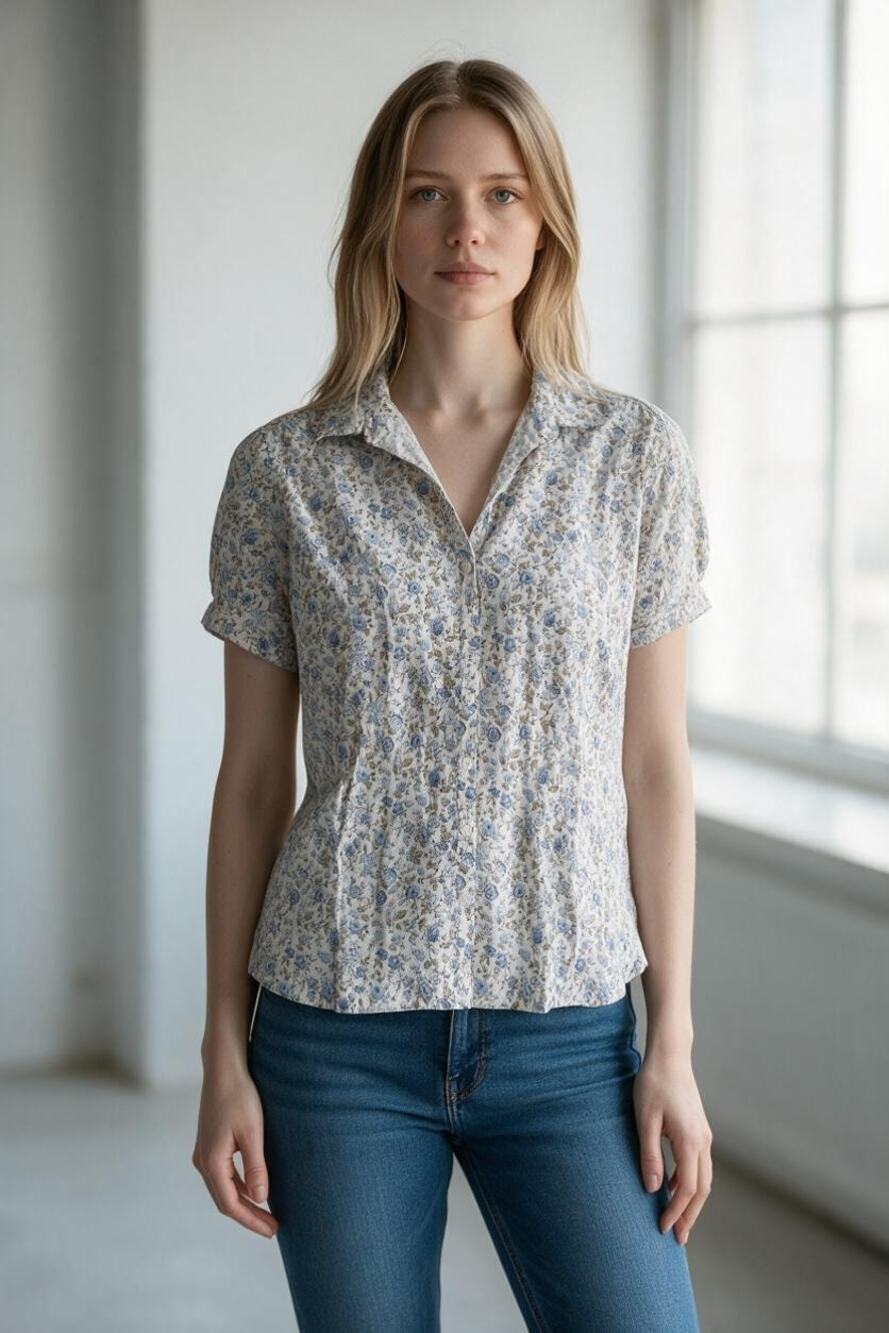 EDDIE BAUER Top Size XL Cream w/ Blue Flowers Floral Button Down